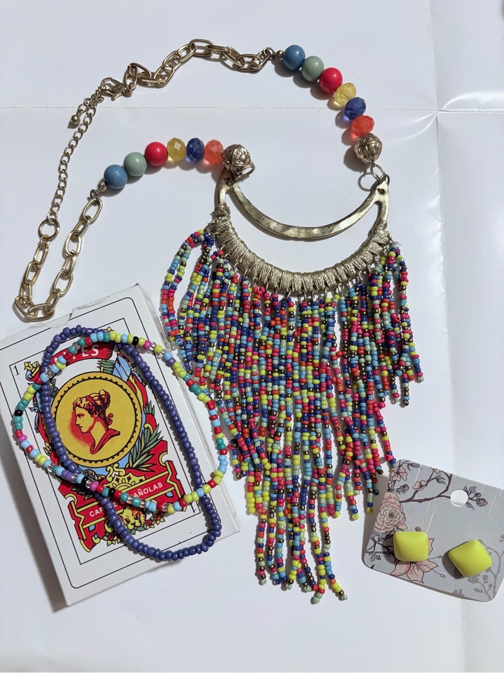 Colorful Multi-Bead Fringe Statement Necklace-Anklets-Stud Earrings Set